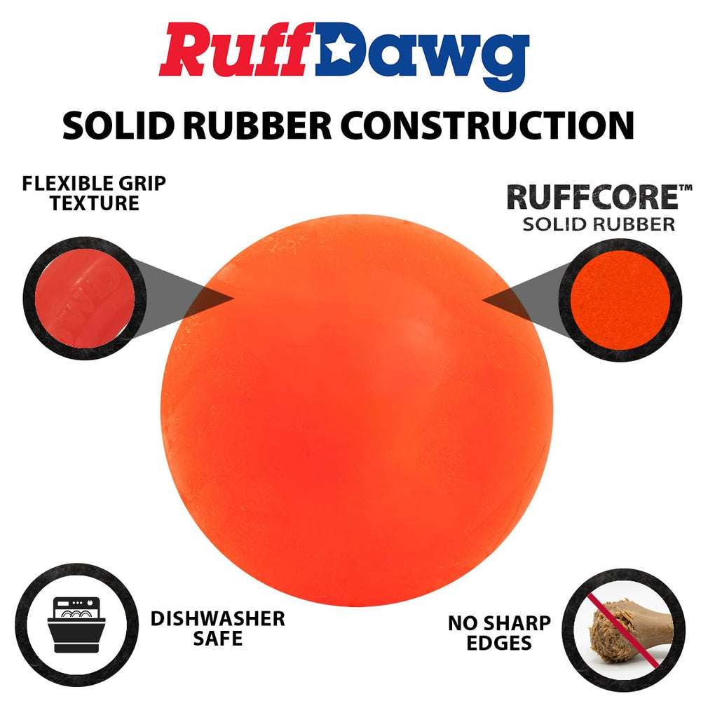 Balle indestructible Ruff Dawg sans BPA et sans latex, sécurité renforcée.