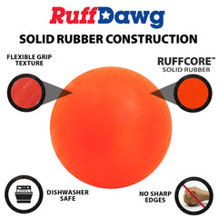 Balle indestructible Ruff Dawg sans BPA et sans latex, sécurité renforcée.