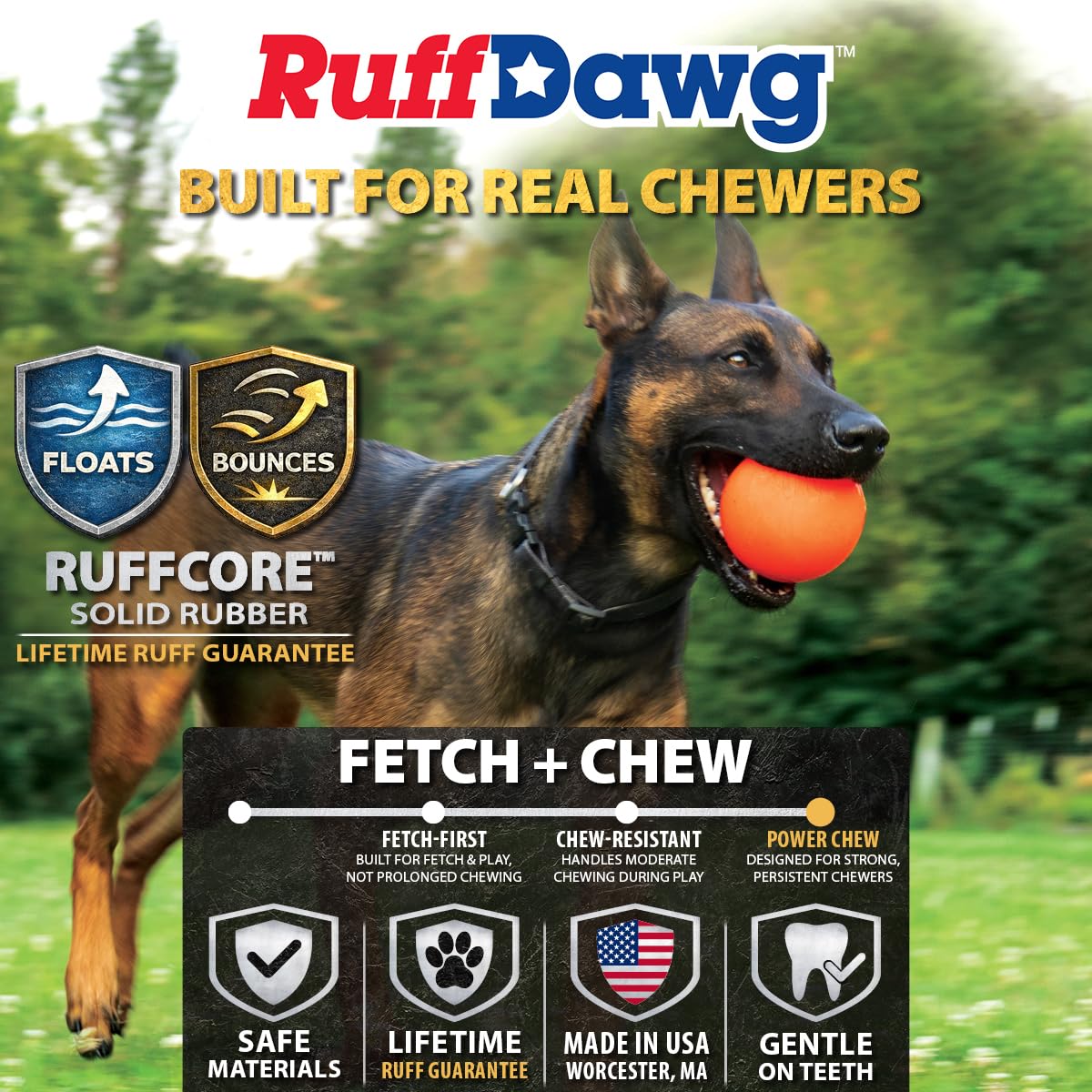 Balle indestructible Ruff Dawg, rebond énergie, idéale pour sessions de récupération actives.