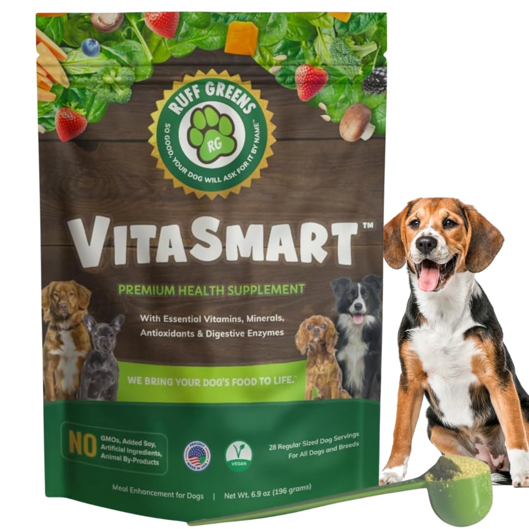 Ruff Greens : emballage du complément pour chien, prêt à ajouter aux repas du chien.