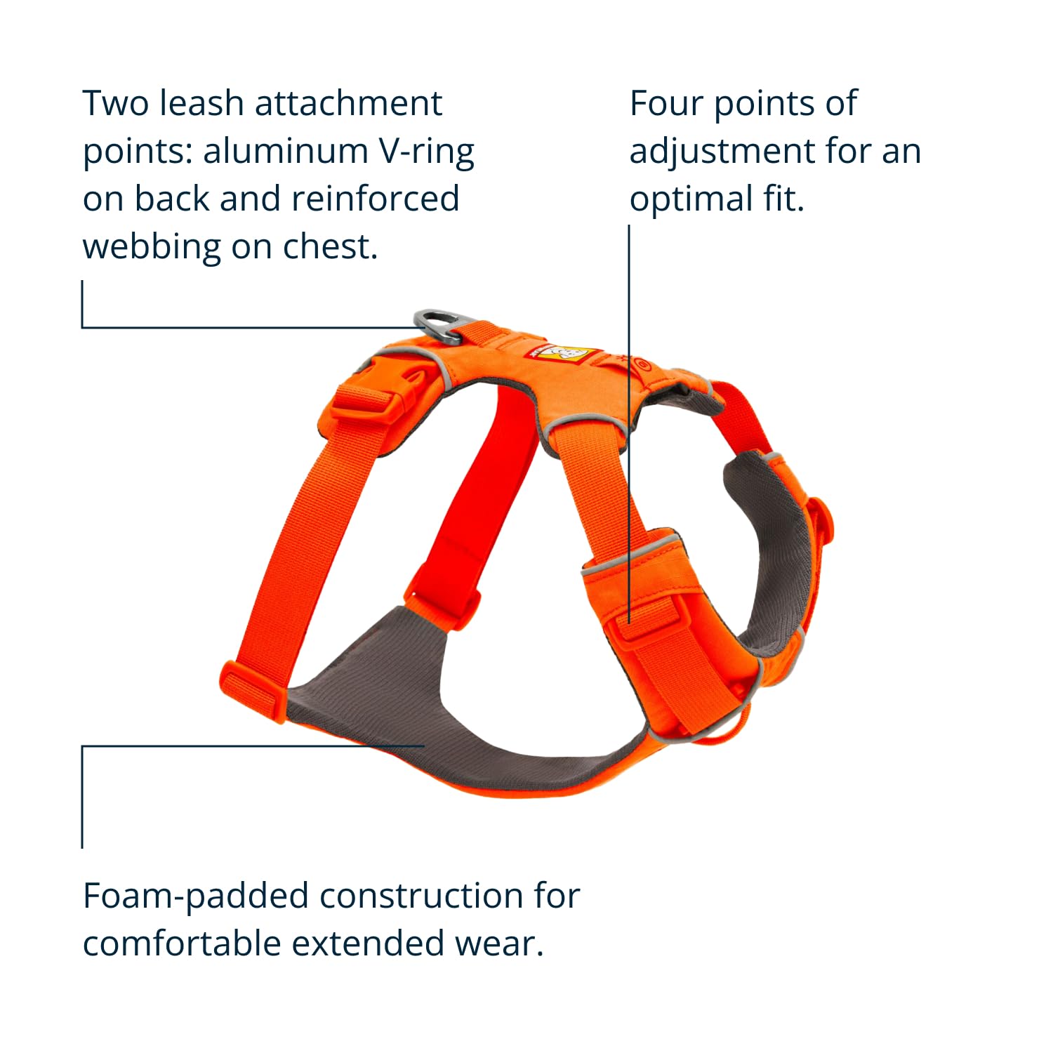Harnais Ruffwear Front Range avec mousse poitrine et ventre pour plus de confort.