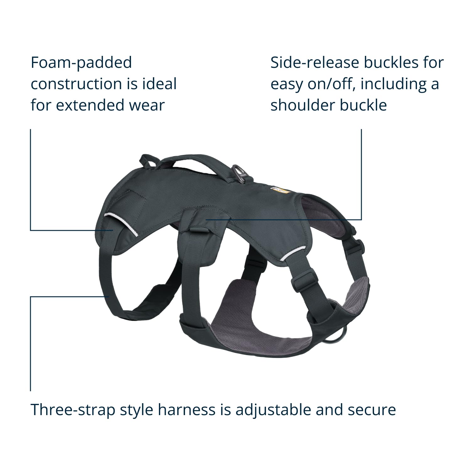 Harnais Ruffwear Web Master triple point d’attache pour flexibilité.