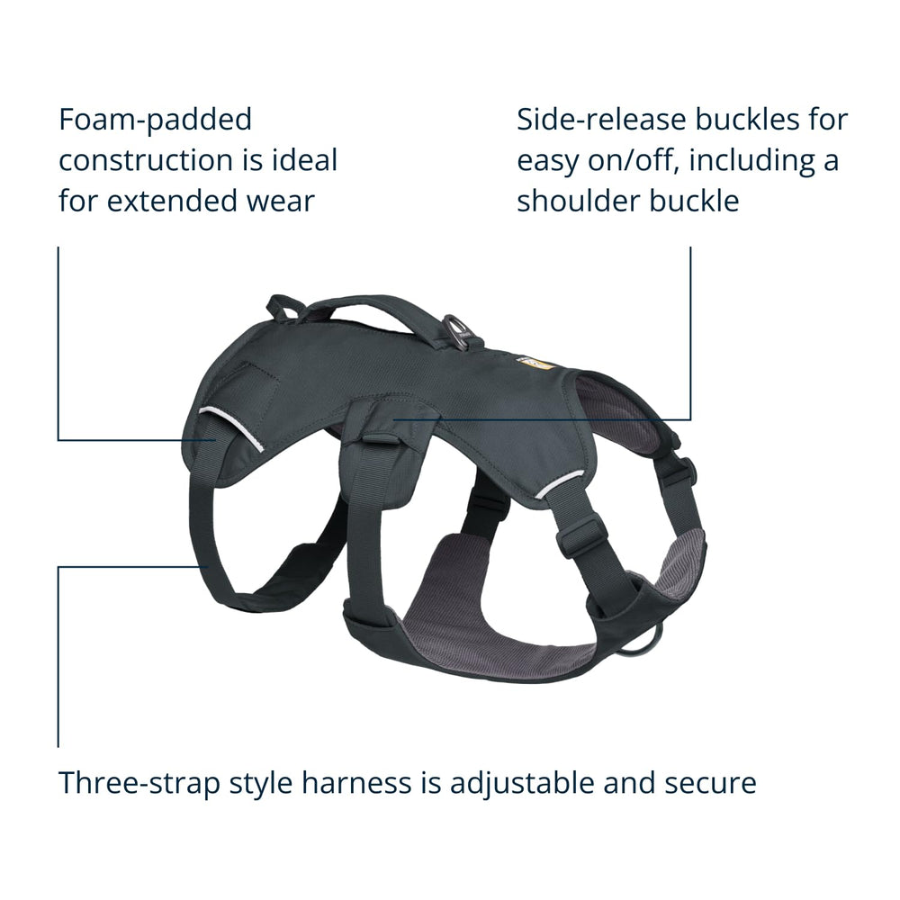 Harnais Ruffwear Web Master triple point d’attache pour flexibilité.
