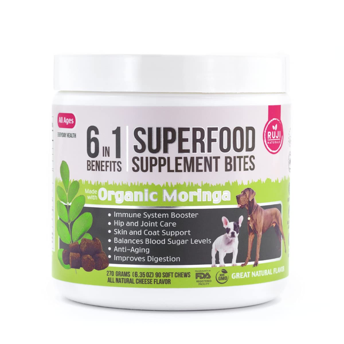 Ruji Naturals 6-en-1 emballage: complément chien pratique et sûr