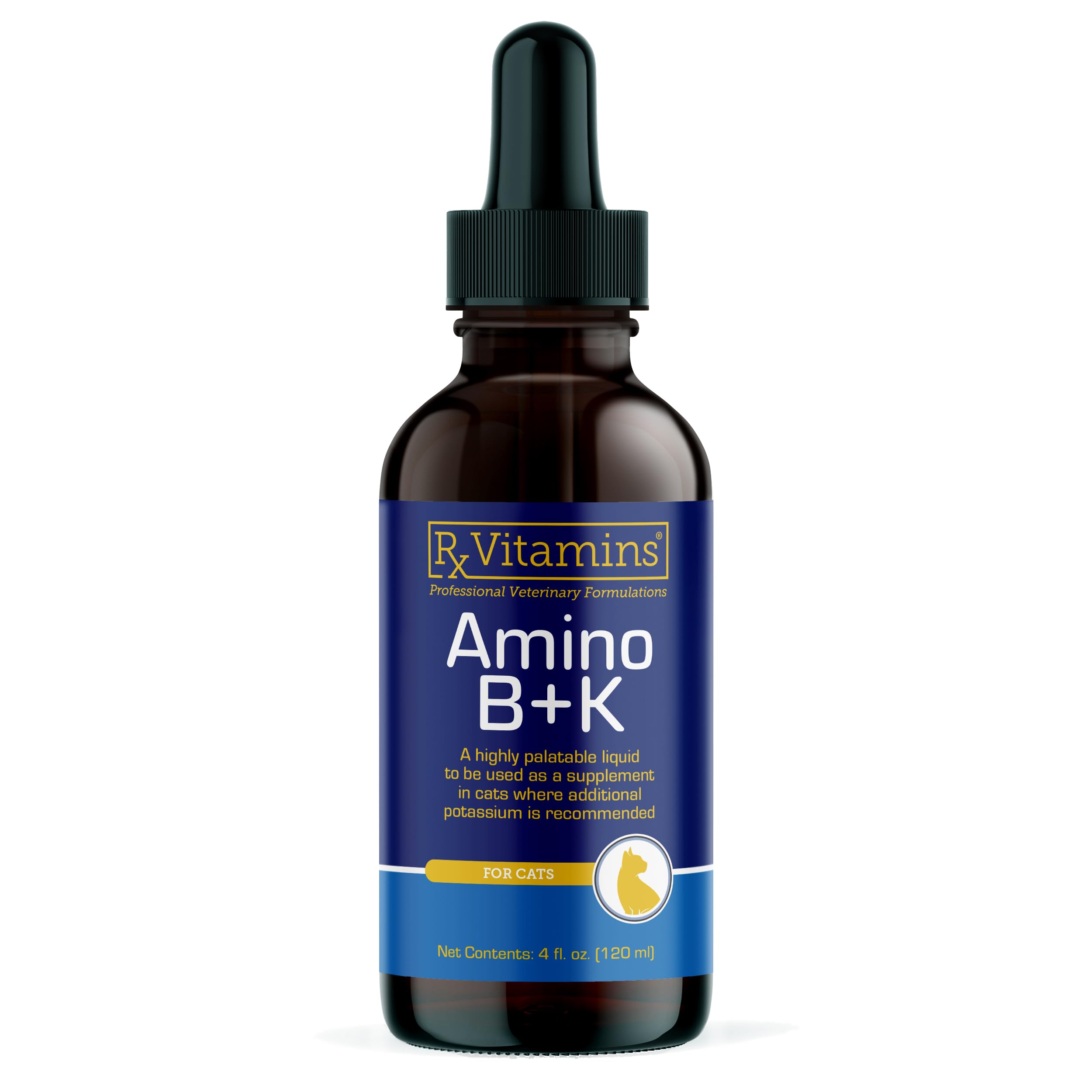 Rx Vitamins Amino B+K – bouteille versée, soutien immunitaire potentiel pour chats.