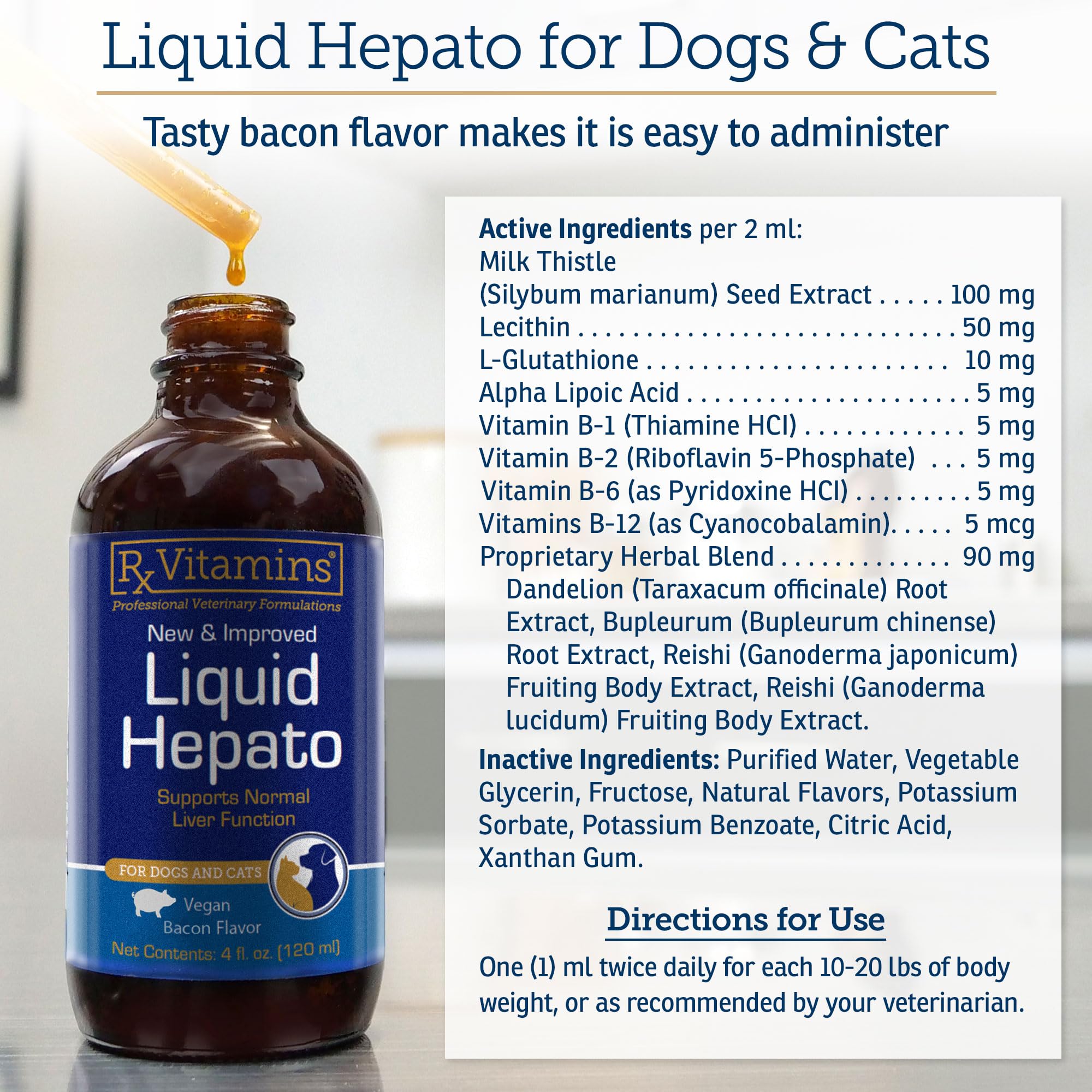 Rx Vitamins Hepato Support animaux avec bouteille, démonstration pratique pour les propriétaires.