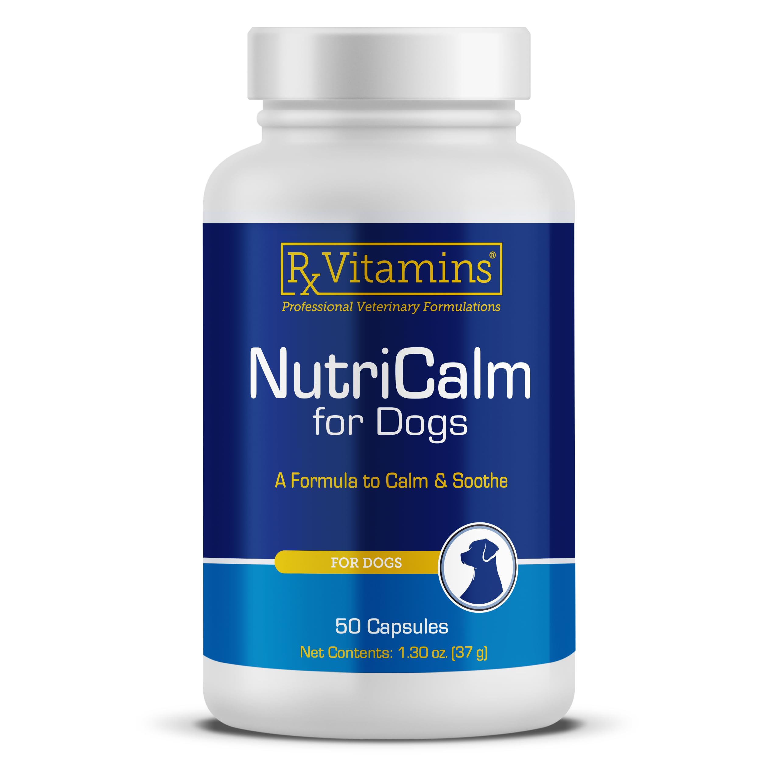 NutriCalm de Rx Vitamins autour de la bouteille, promotion du calme chez le chien.