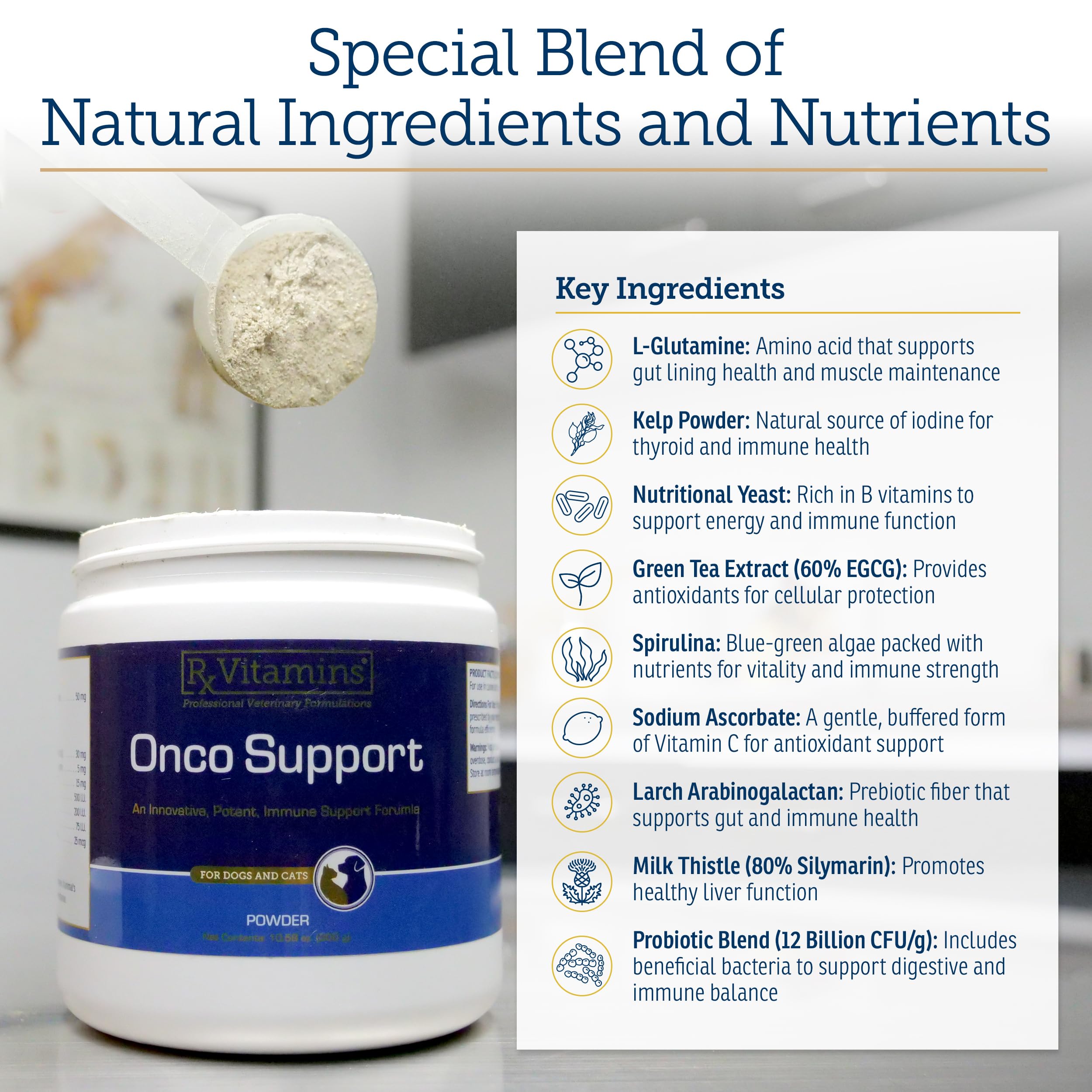 Rx Vitamins Onco Support favorise la santé du pelage et de la peau grâce à des nutriments.