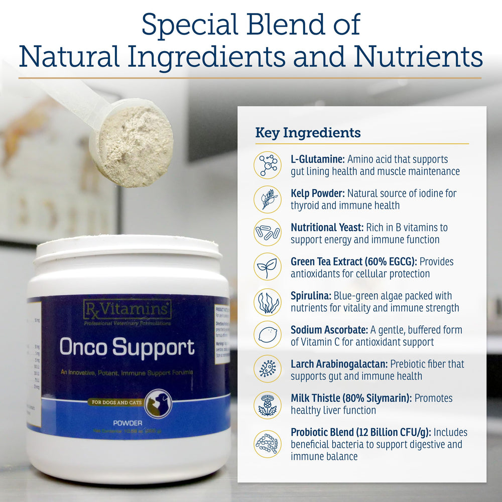 Rx Vitamins Onco Support favorise la santé du pelage et de la peau grâce à des nutriments.