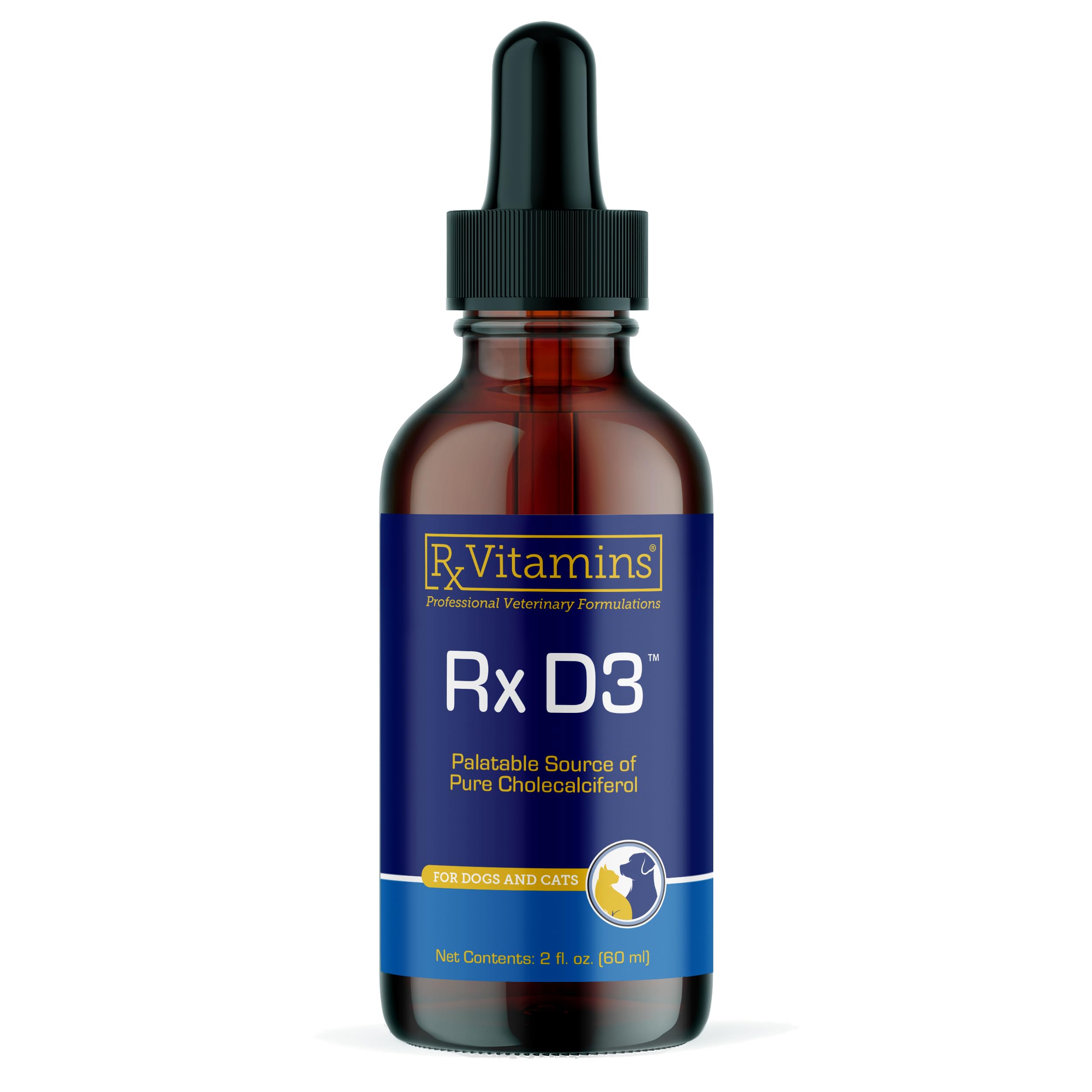 Rx Vitamins Rx D3, bouteille et gouttes, soutien calcium chez chiens et chats.