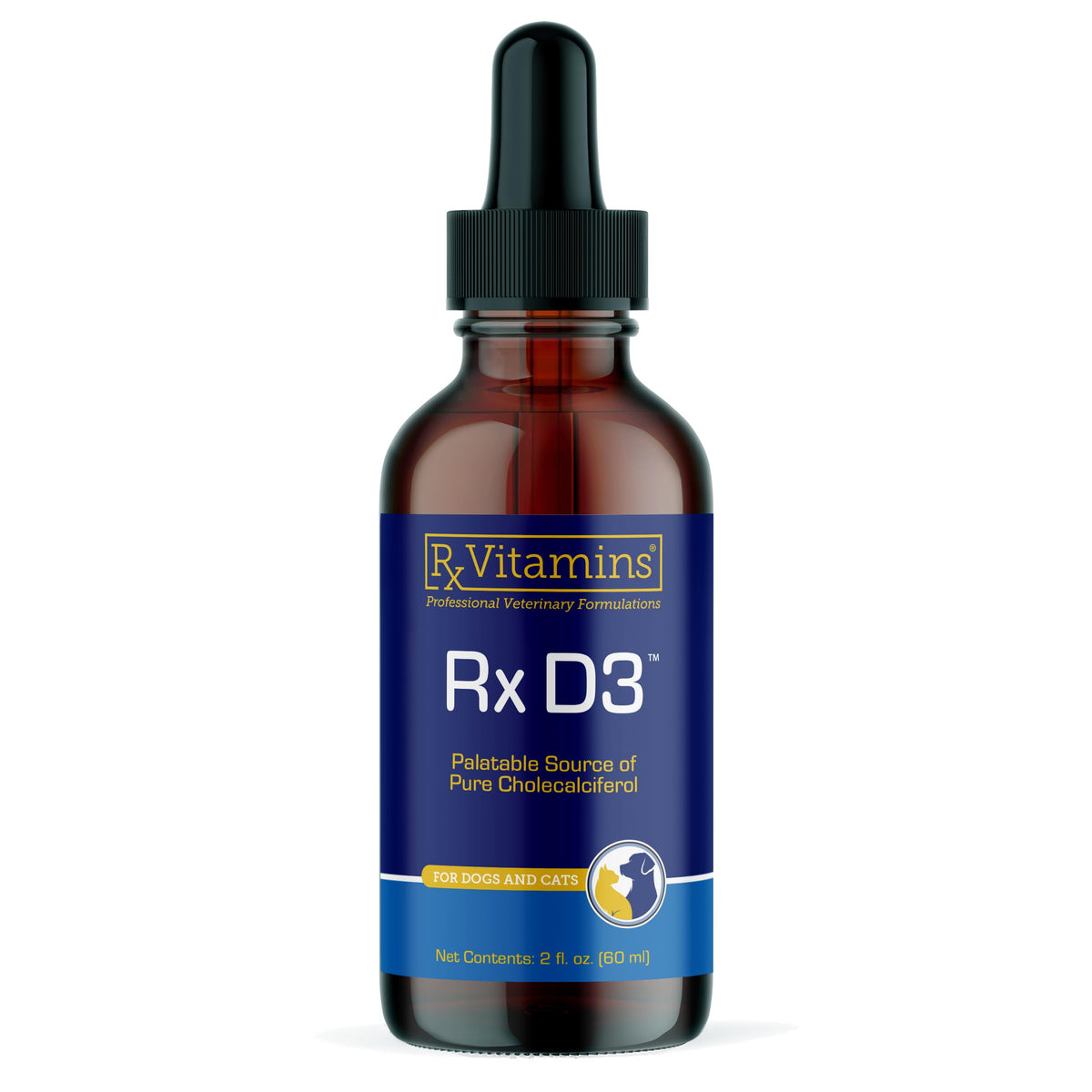 Rx Vitamins Rx D3, bouteille et gouttes, soutien calcium chez chiens et chats.