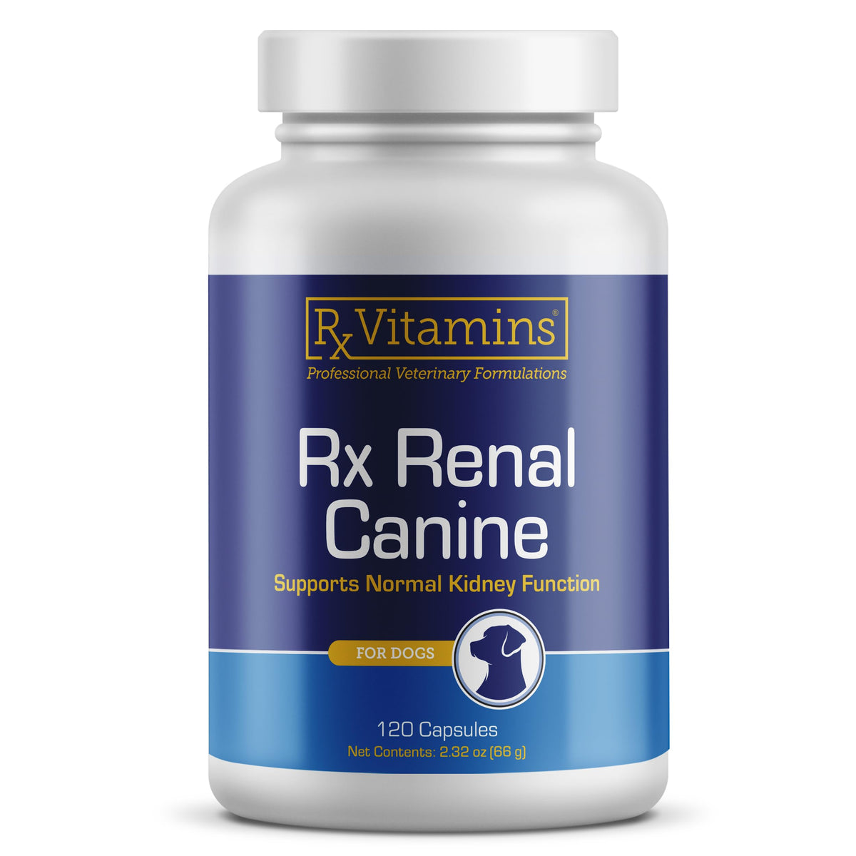 Rx Vitamins Rx Renal: bouteille de capsules montrant le soutien rénal pour chiens.