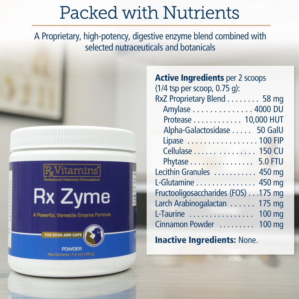 Étiquette Rx Vitamins Rx Zyme sur le bocal, qualité vétérinaire.