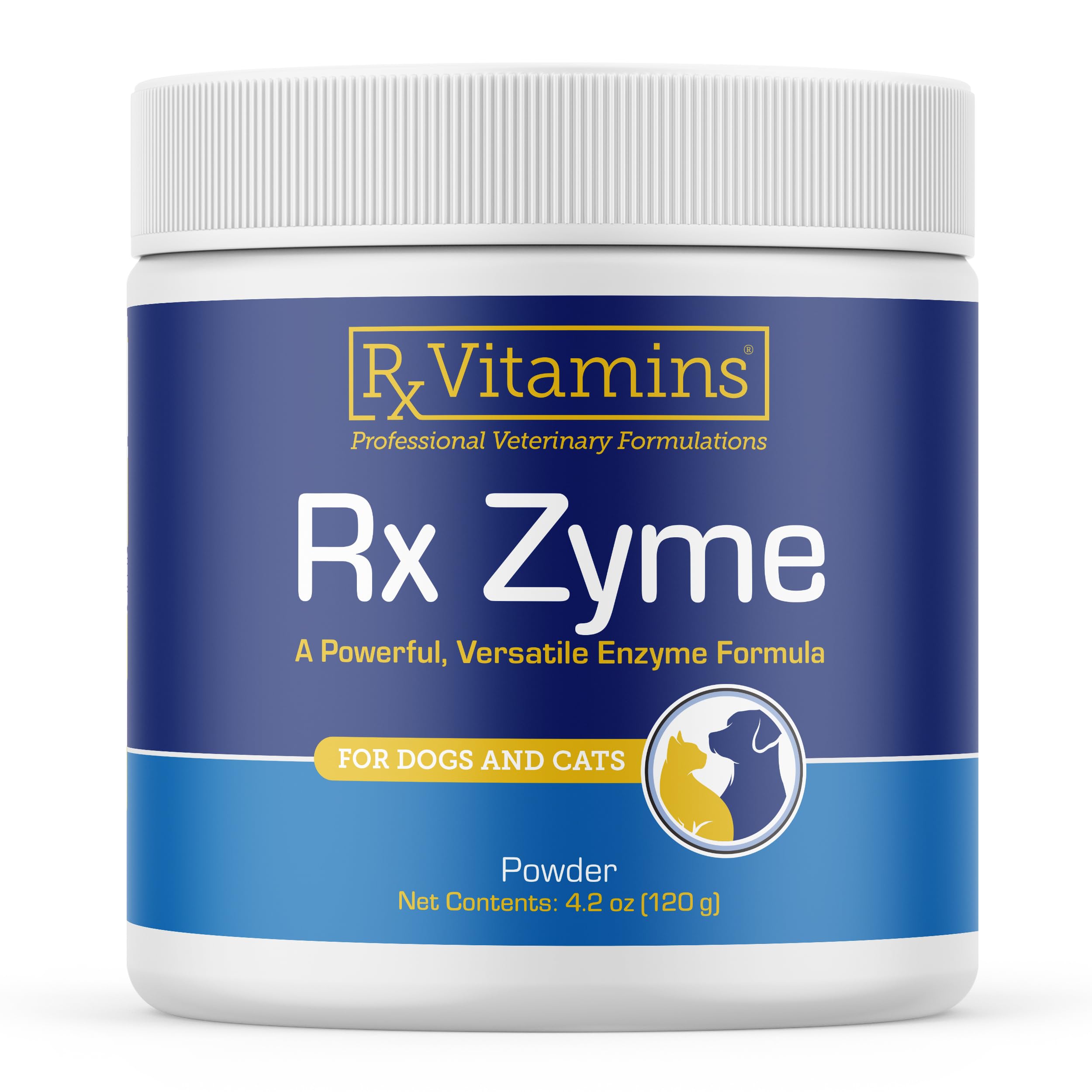 Rx Zyme en poudre dans un bocal, soutien digestif pratique pour chats et chiens.