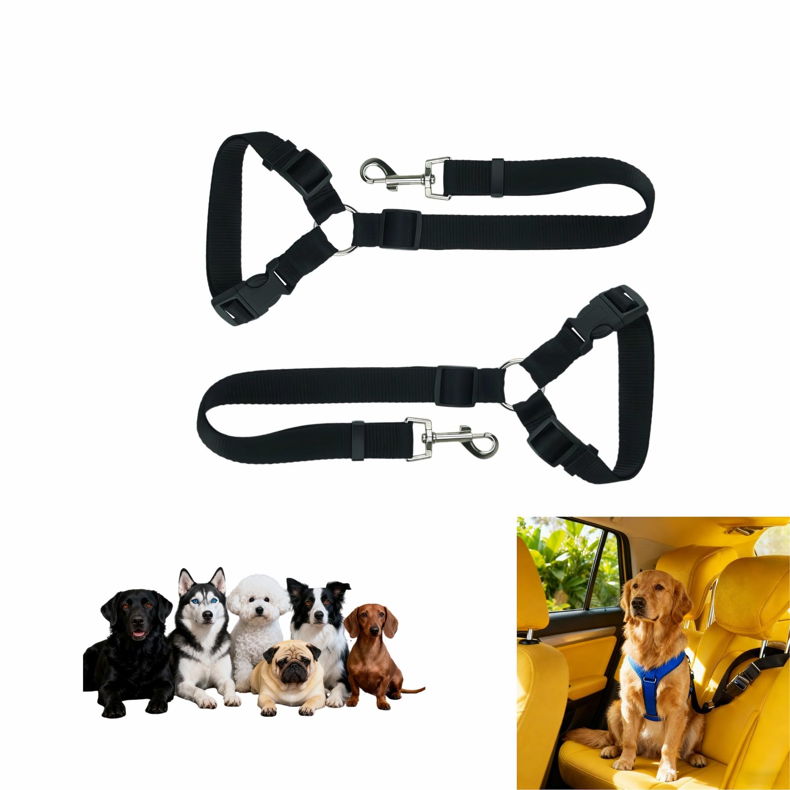 RyanDesign Ceinture sécurité chien 2 en 1 prête pour trajets en voiture.