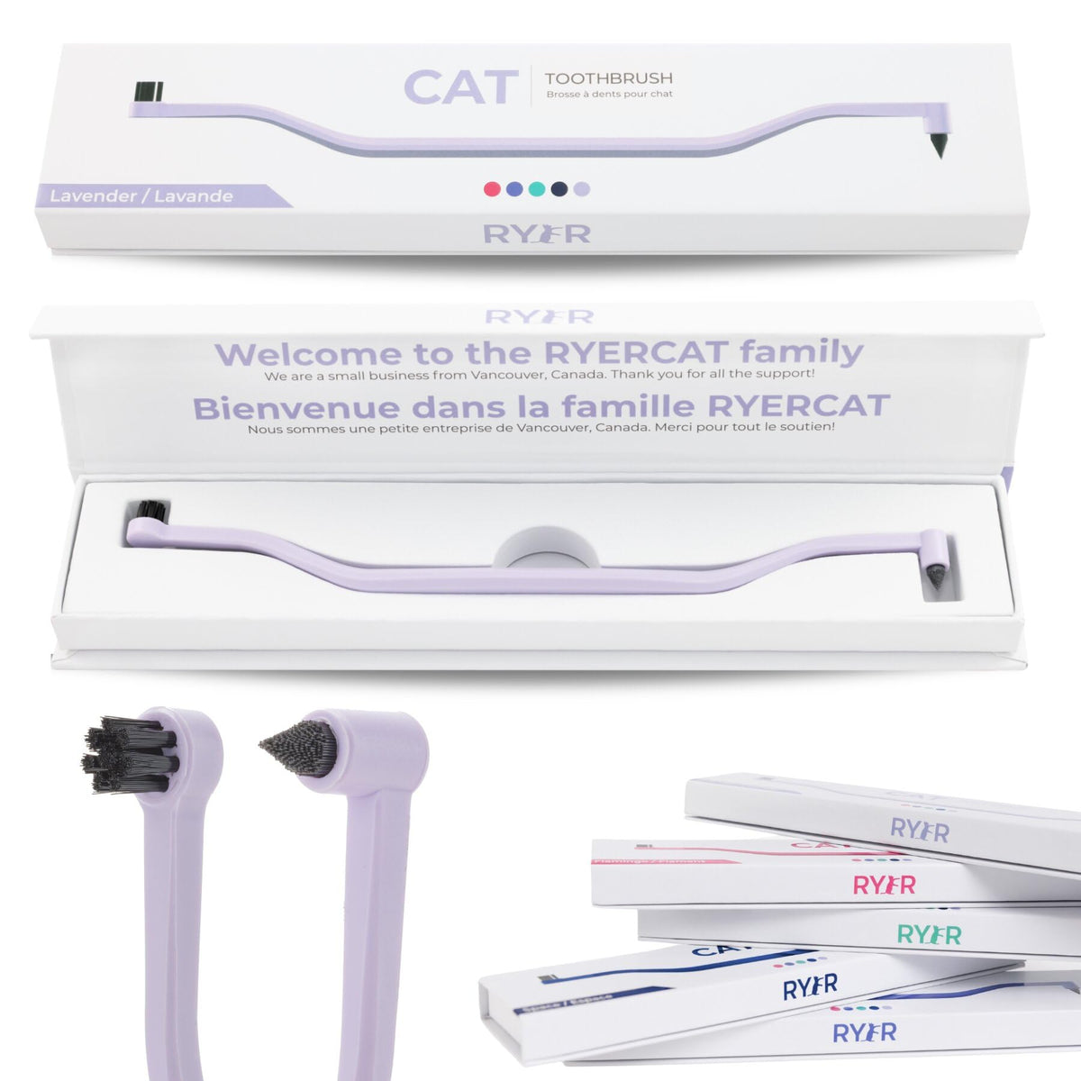 Brosse dentaire RYERCAT lavande ultra-compacte adaptée petites bouches félines.