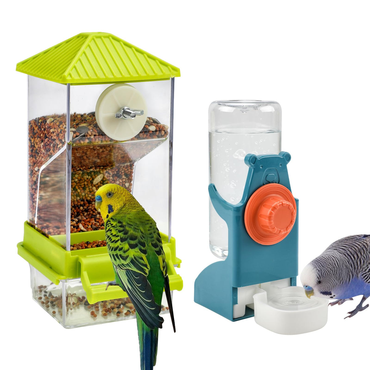 Distributeur de nourriture Oiseaux Rypet transparent pour cage, remplissage facile et surveillance du niveau.