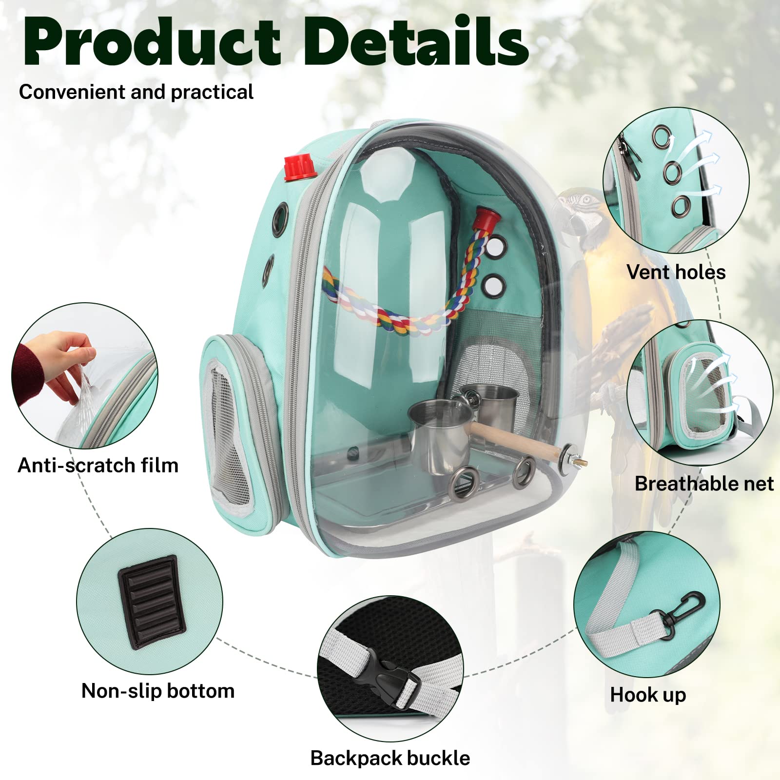 Rypet sac à dos oiseau, tapis intérieur amovible pour nettoyage rapide.
