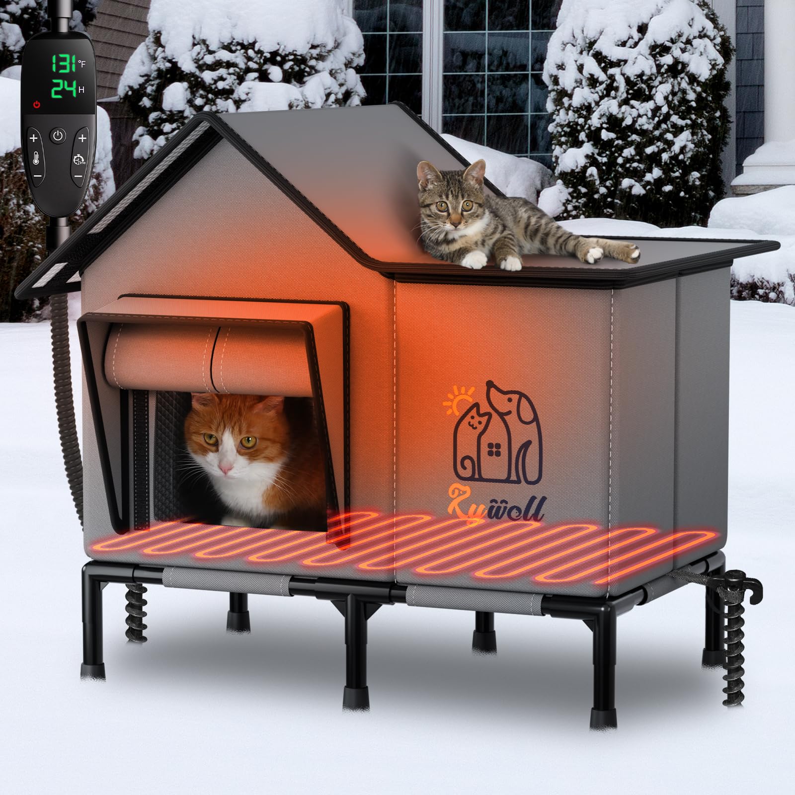 Rywell maison chat exterieur chauffee ouverte, refuge chauffé en plein air.