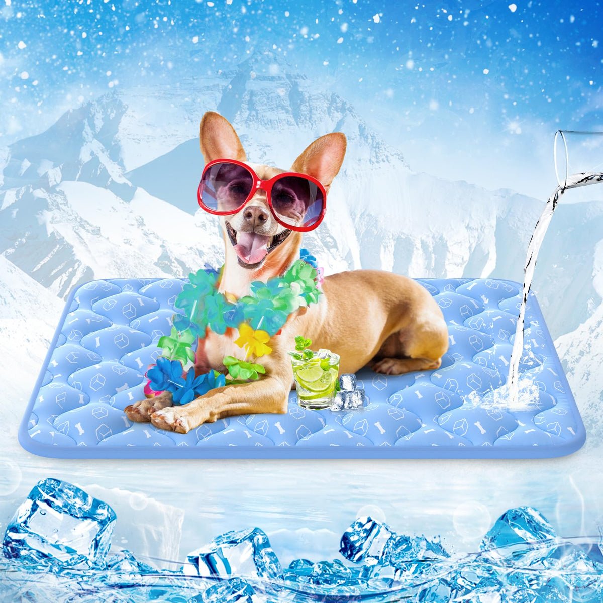 Rywell Tapis Froid bleu profond pour chien, confort durable en été.