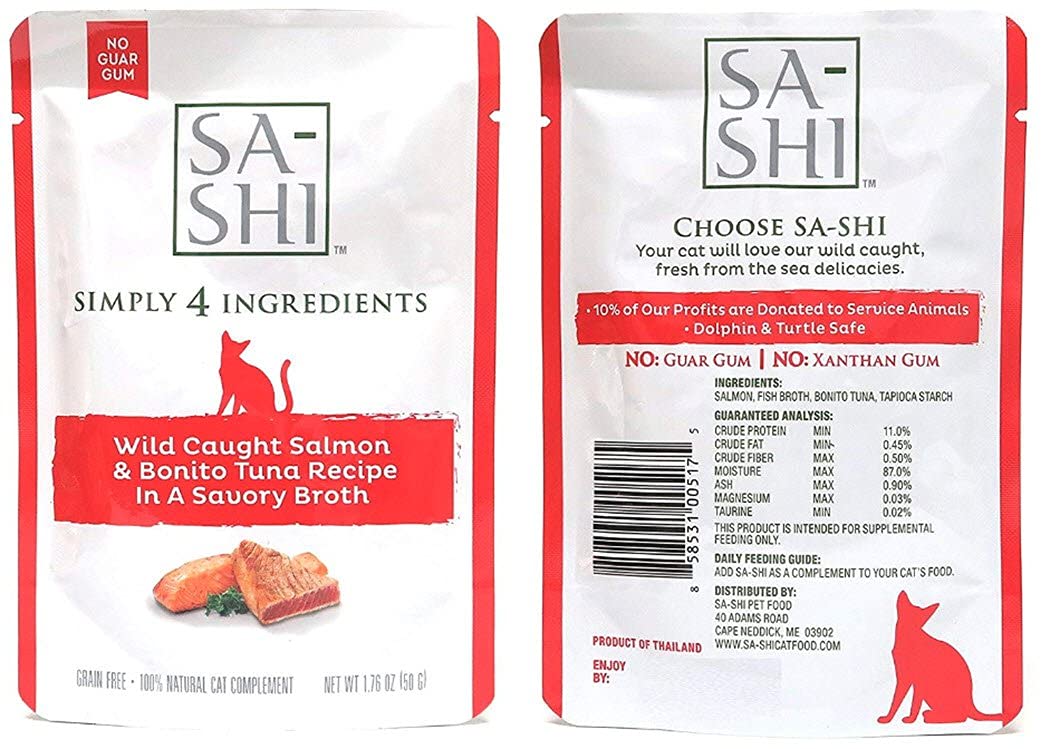 Sachets Sa-Shi sans céréales au thon et saumon, idéal pour repas pratique en déplacement.