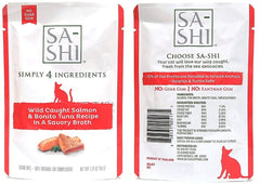 Sachets Sa-Shi sans céréales au thon et saumon, idéal pour repas pratique en déplacement.