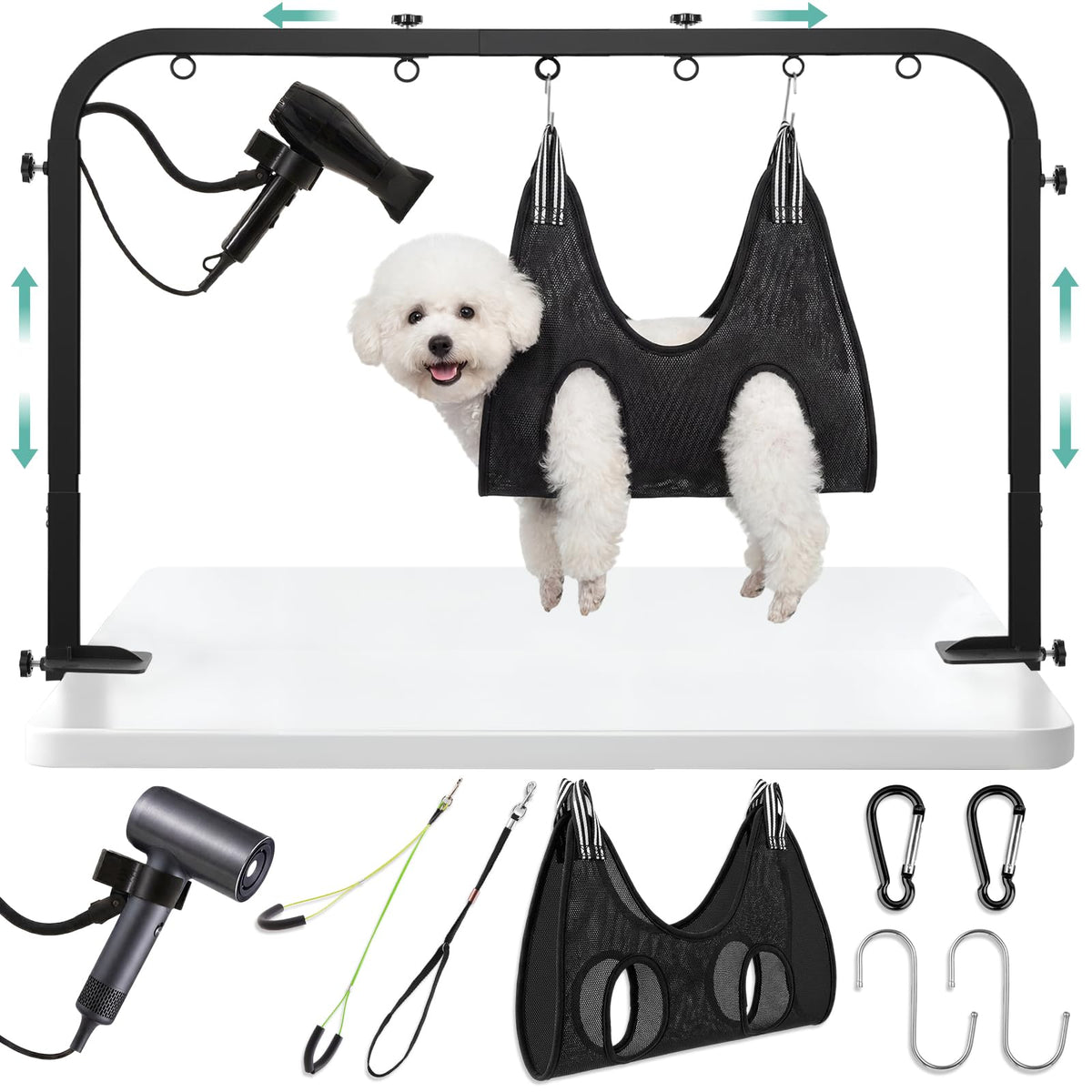 Table Sadnyy de toilettage pour chien avec bras intégré pour un ensemble tout-en-un.