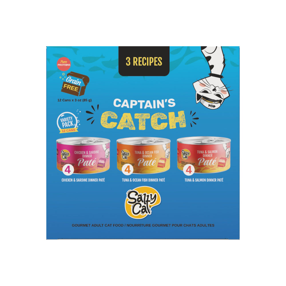 Salty Cat Capitaine Dîner Pâté – ensemble de boîtes varié pour chats exigeants.