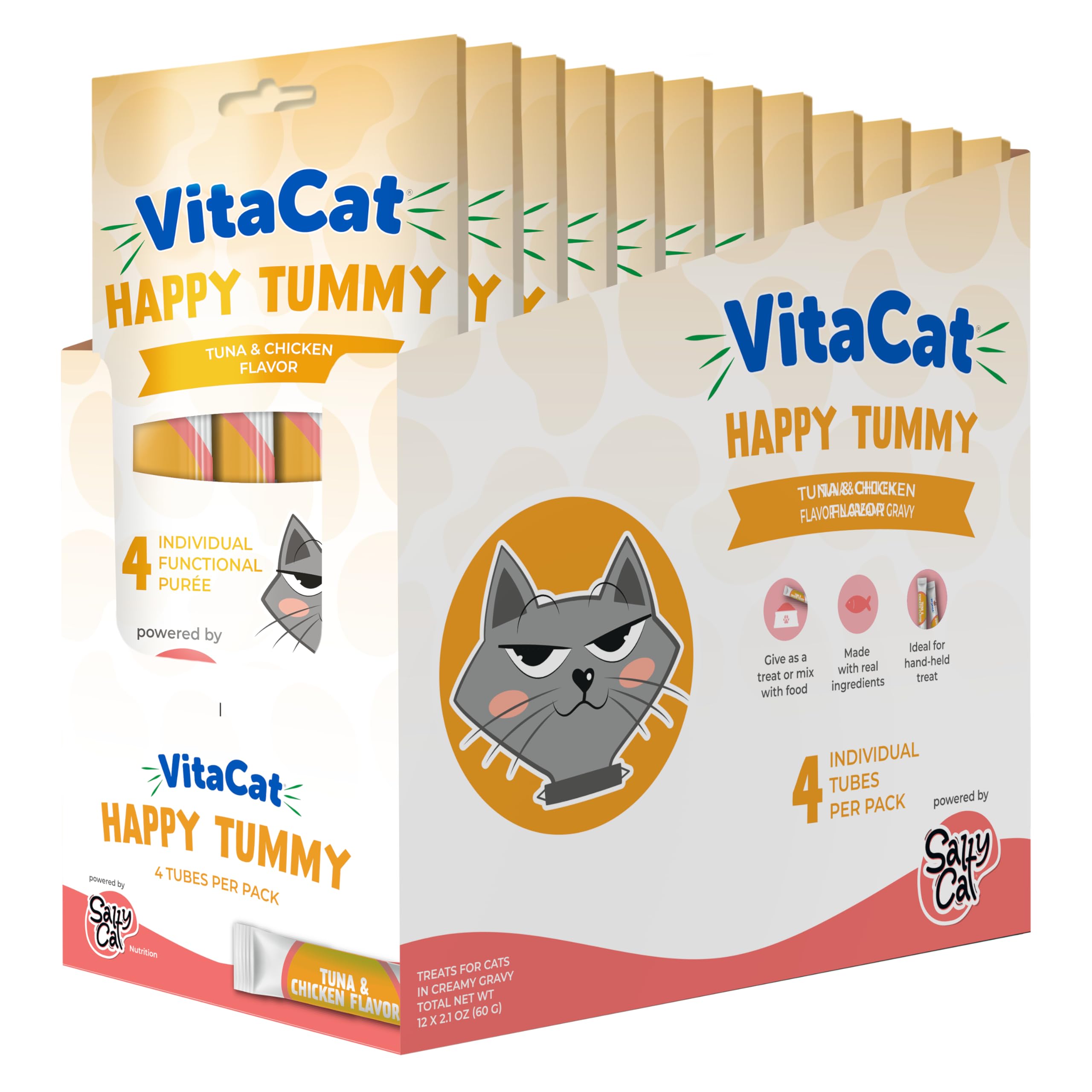 Salty Cat Happy Tummy – tube thon-poulet, protéines et énergie pour chat.