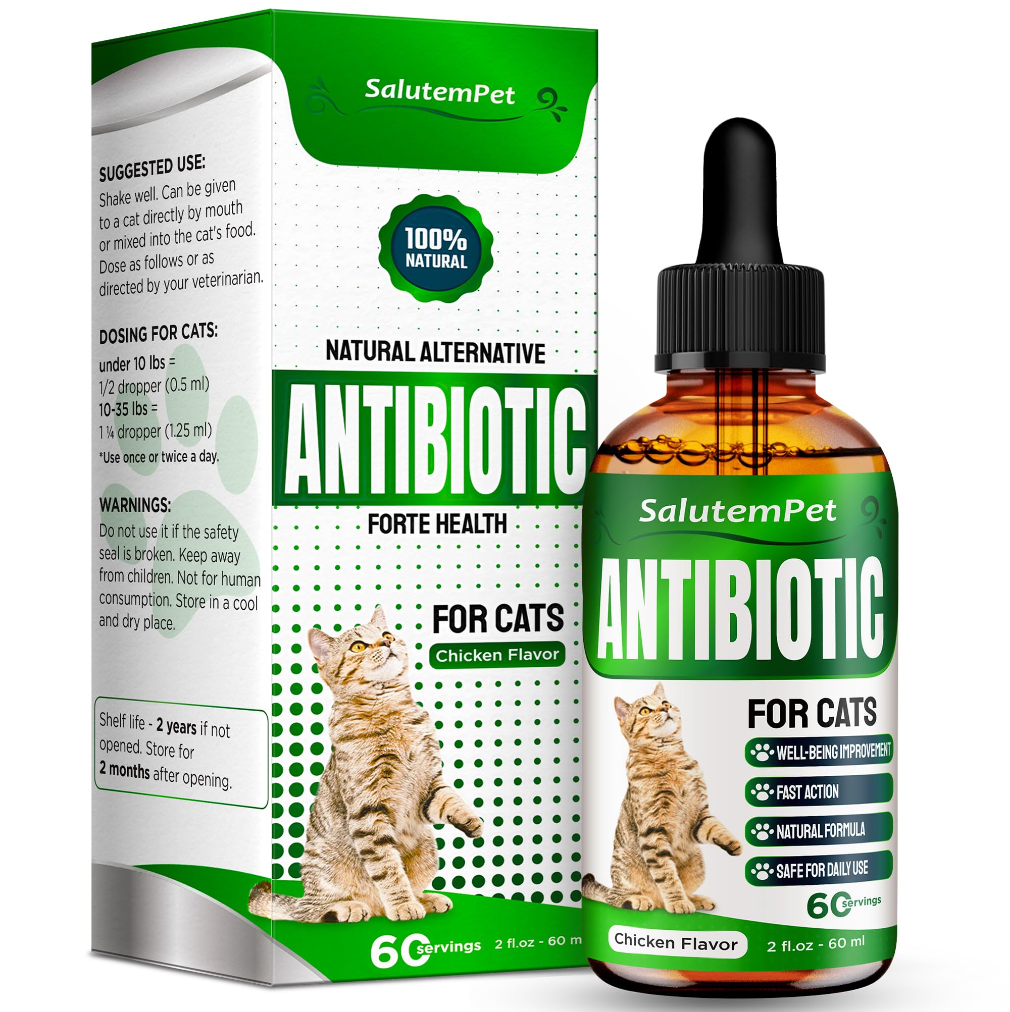 SalutemPet Antibiotique chat – bouteille liquide, dosage facile à ajouter à la nourriture.