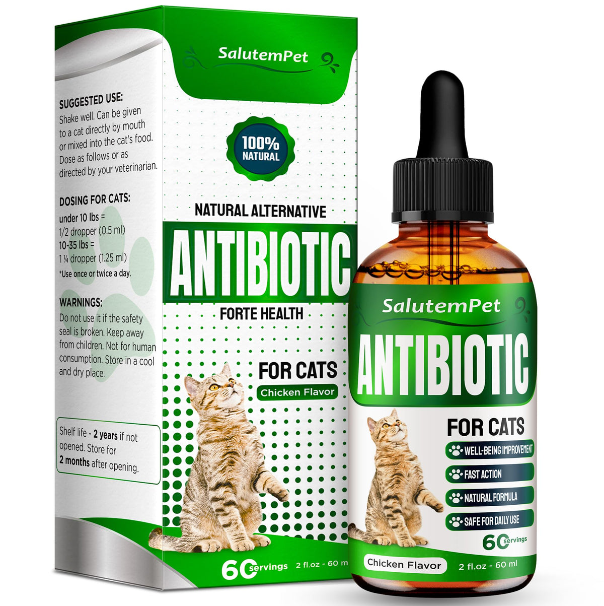 SalutemPet Antibiotique chat – bouteille liquide, dosage facile à ajouter à la nourriture.