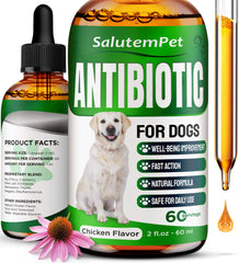 SalutemPet antibiotiques chien – flacon gouttes, administration facile pour infections et démangeaisons.