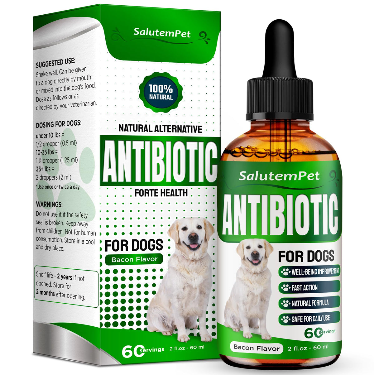 SalutemPet antibiotiques naturels pour chien: bouteille 2 oz prête à l’emploi, administration pratique.