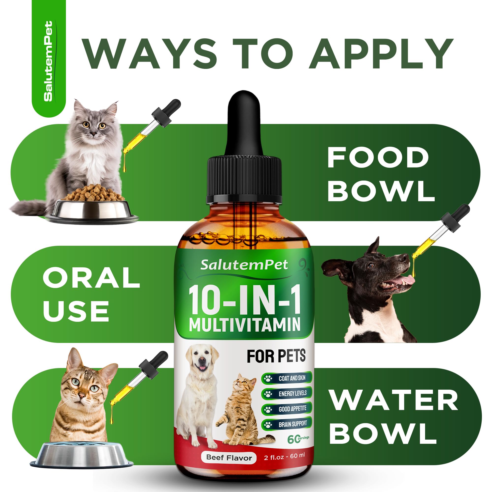 SalutemPet vitamine liquide, pelage brillant et peau saine.
