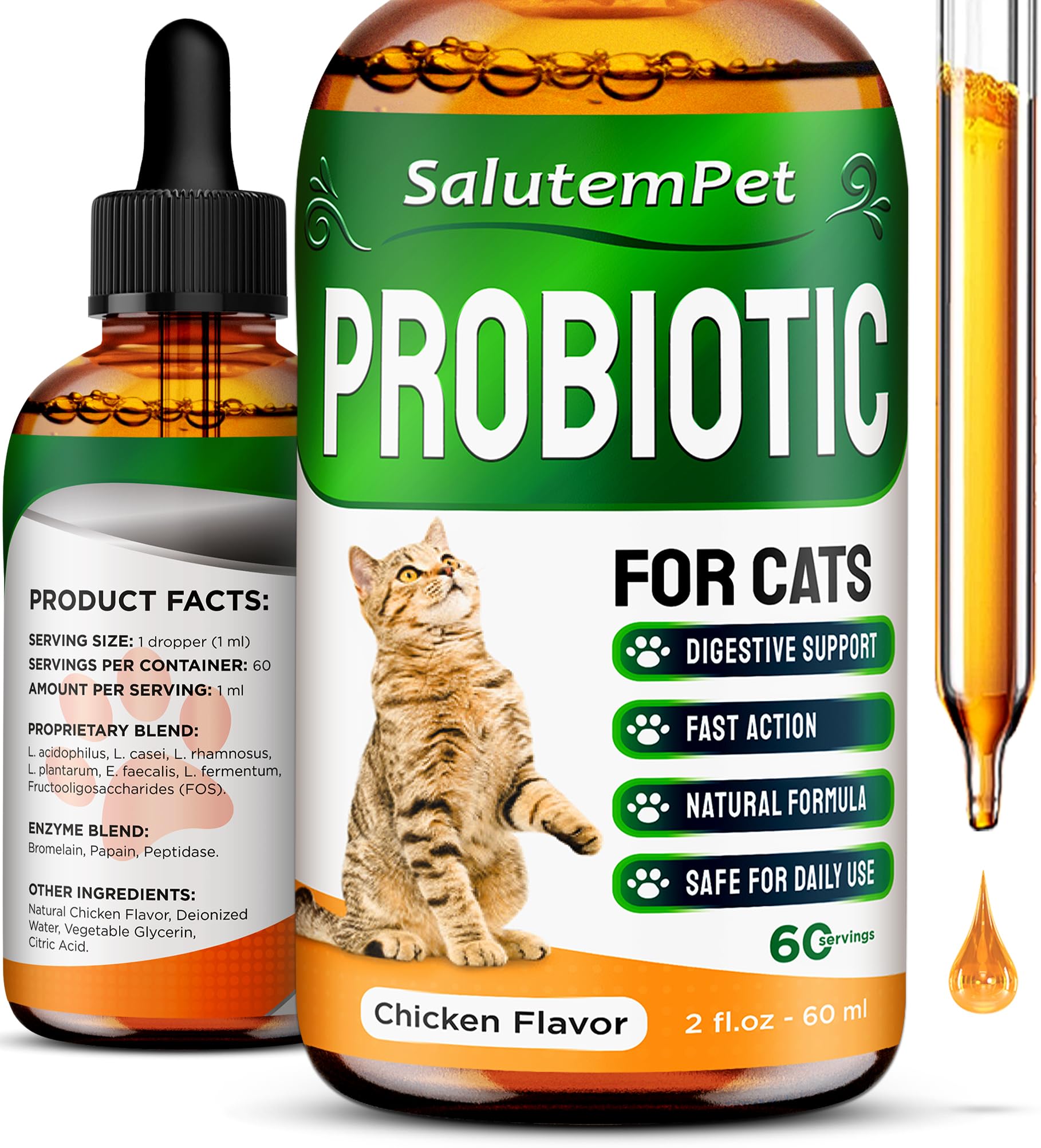 SalutemPet Probiotiques pour chats – bouteille liquide, soutien digestif pratique.