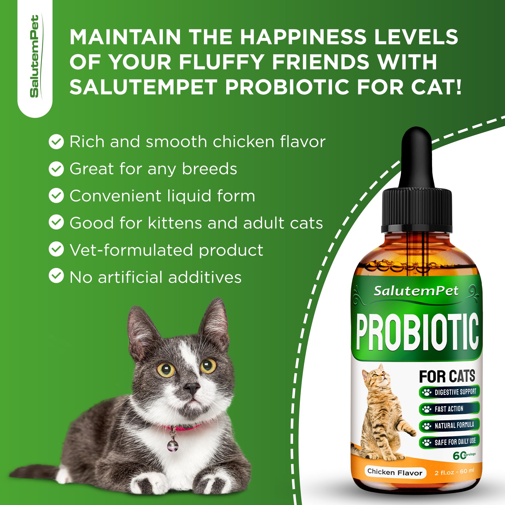 SalutemPet Probiotiques pour chats – ingrédients naturels sans additifs artificiels.
