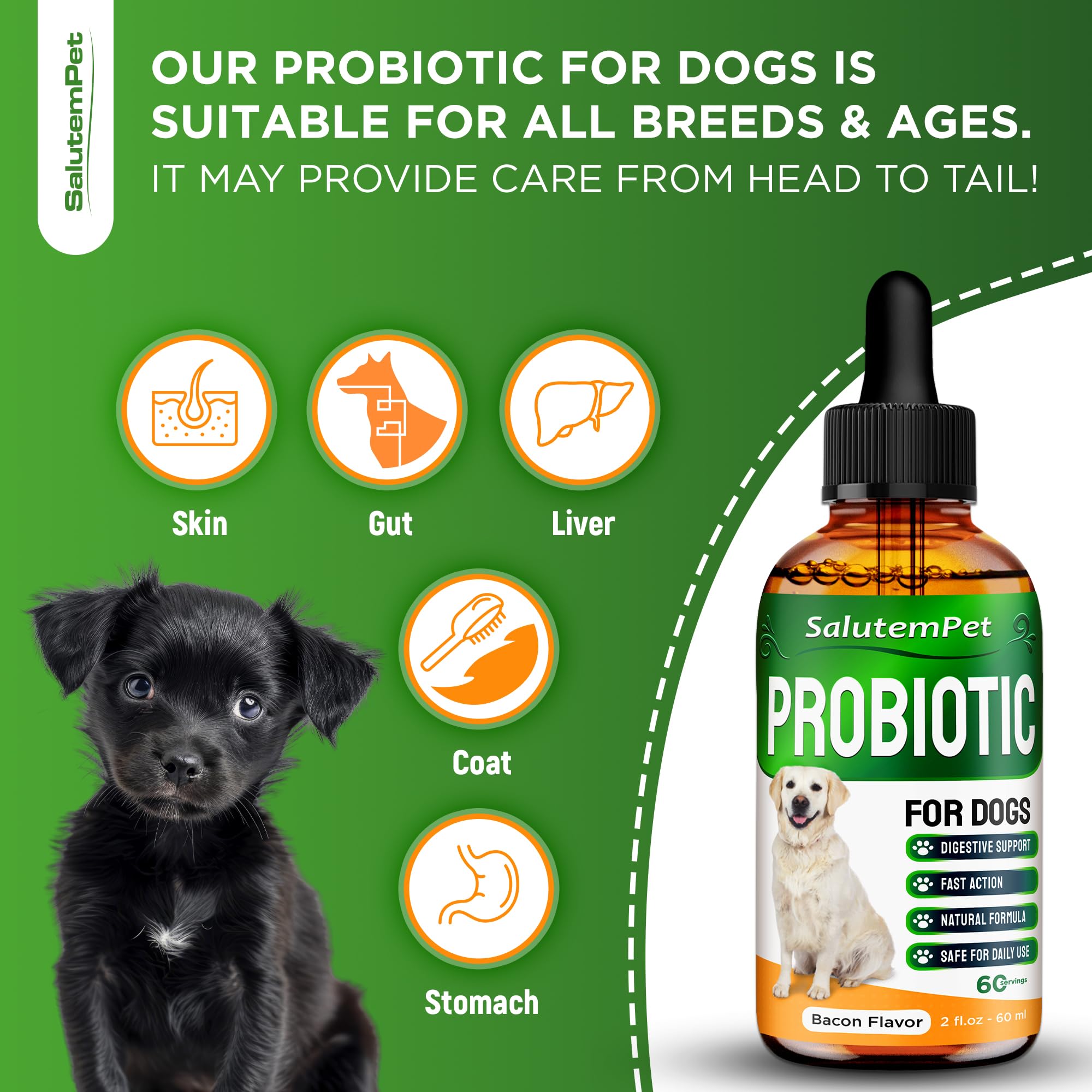 Probiotiques SalutemPet goût bacon pour chien: soutien digestif agréable et pratique.