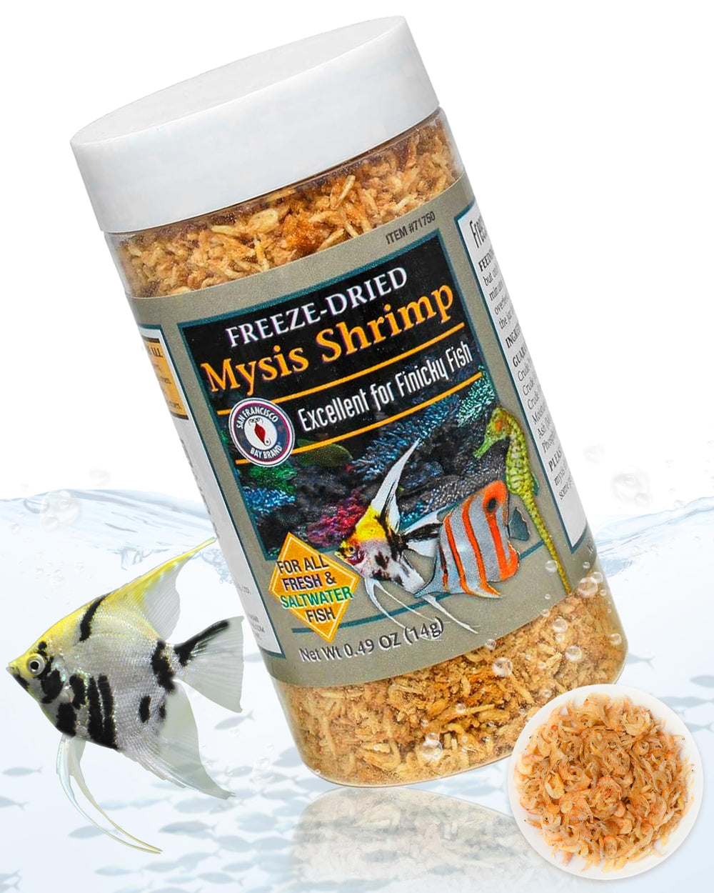 Découvrez l'emballage San Francisco Bay Brand des crevettes mysis lyophilisées.