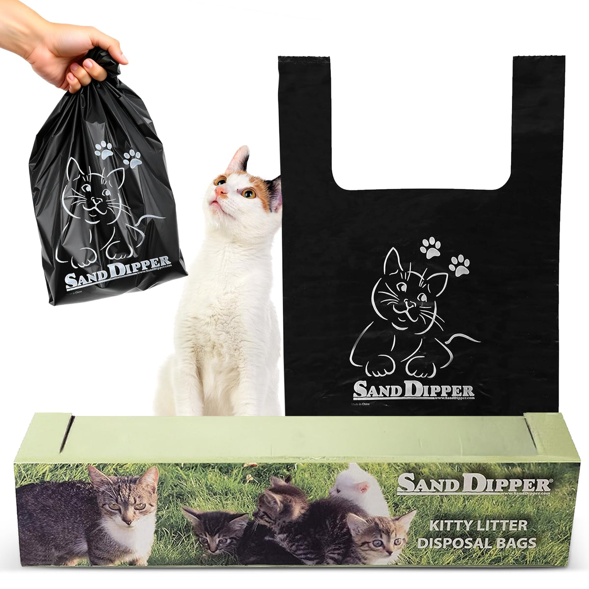 Sacs Sand Dipper pour litière chat, épais et anti-odeurs, parfaits pour les vidages.