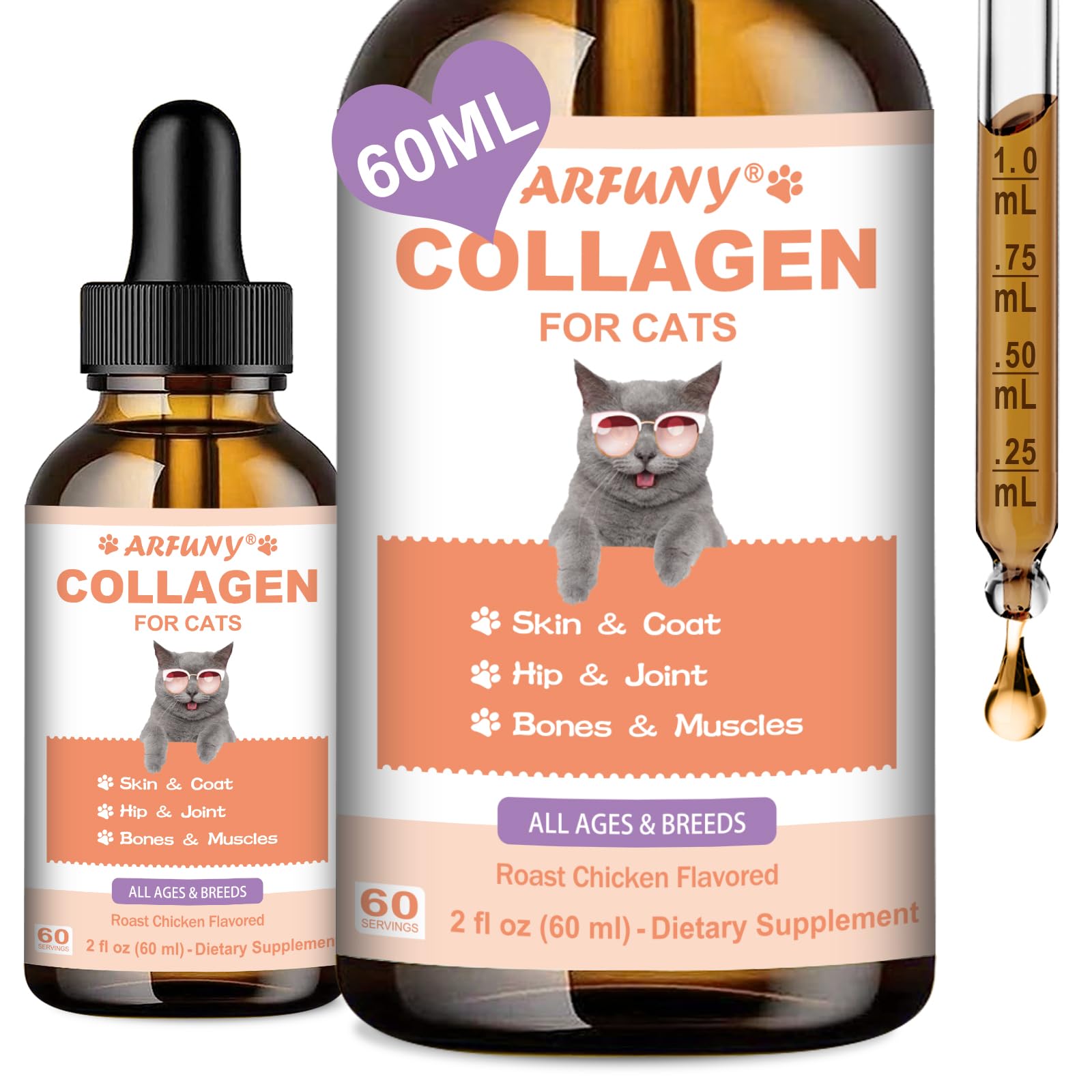 SANTKOL collagène chat - bouteille gouttes goût poulet rôti, soutien articulations potentiel