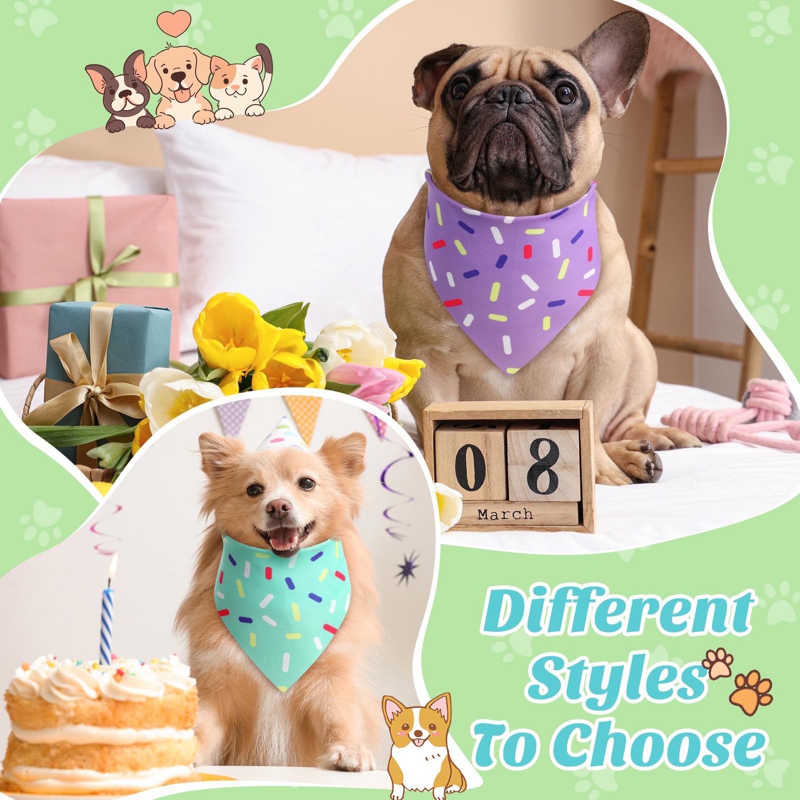 Bandana Sanwuta anniversaire chien pastel vert, motif frais pour balades et photos.
