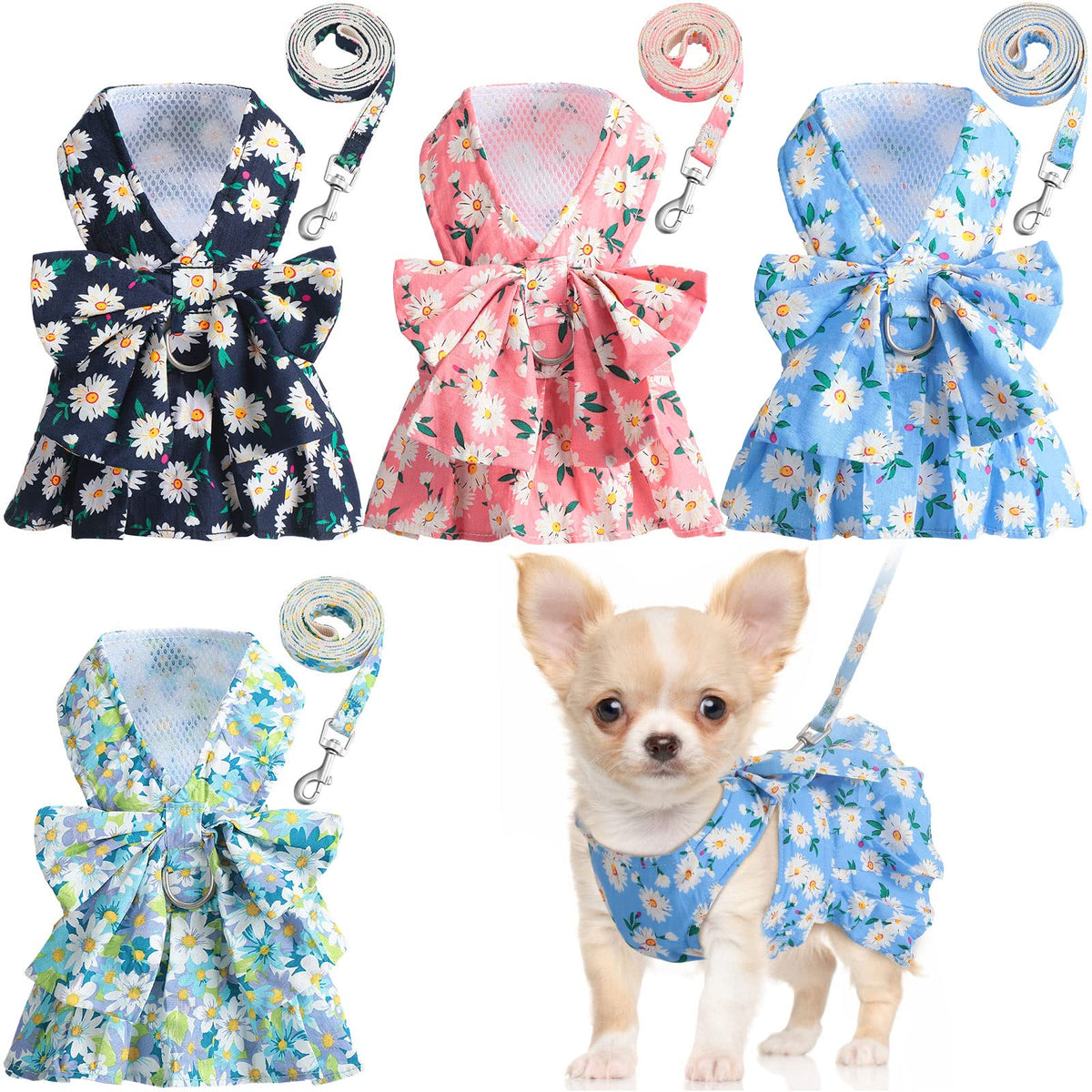 Sanwuta ensemble harnais robe à nœud floral bleu glacier, parfait pour des promenades élégantes en plein air.