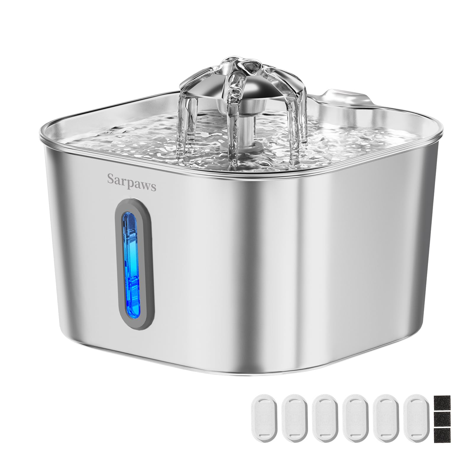 Fontaine Sarpaws en inox 74oz pour chat offrant hydratation continue et durabilité.
