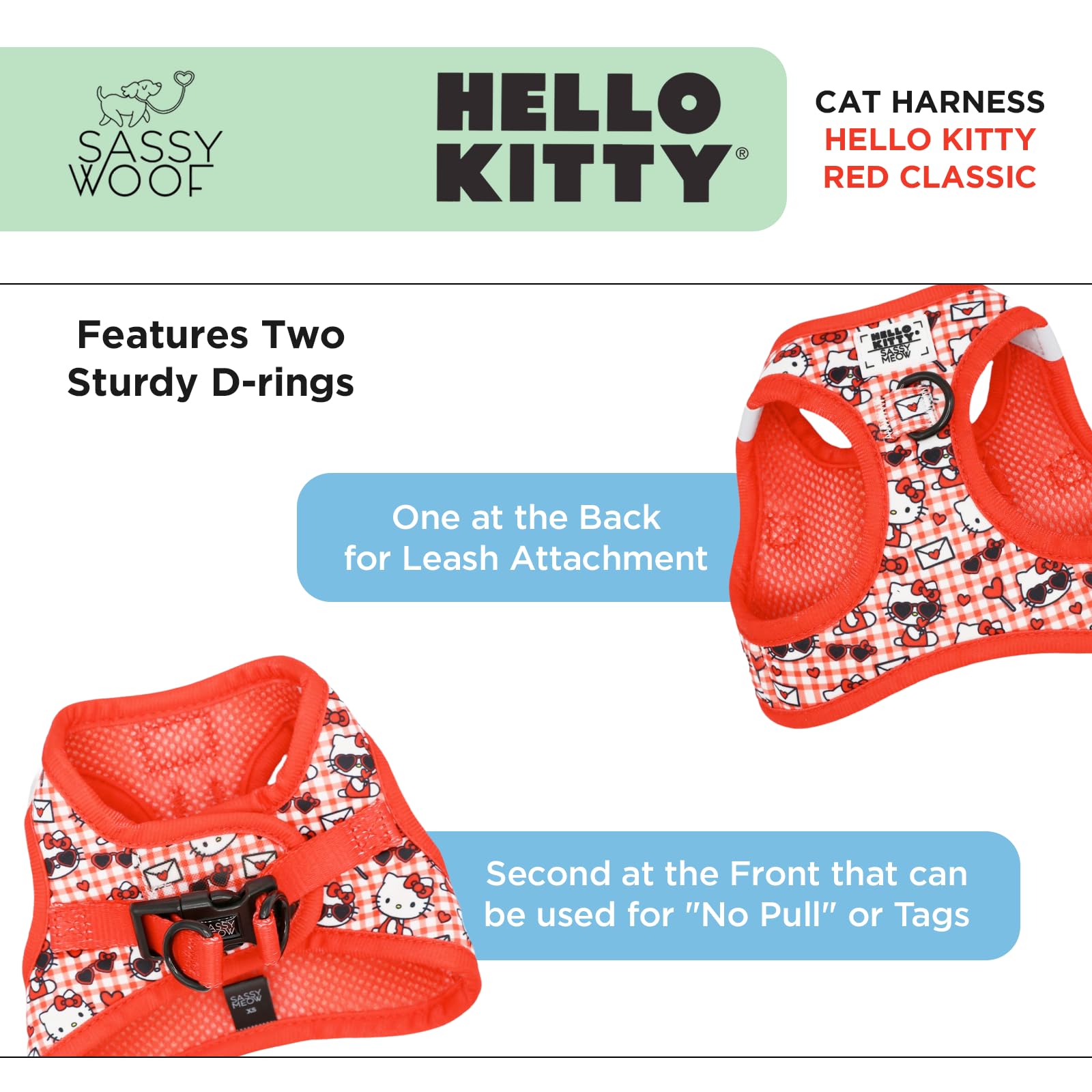 Harnais Sassy Woof Chat Hello Kitty Rouge Classic XS, dos avec deux anneaux en D