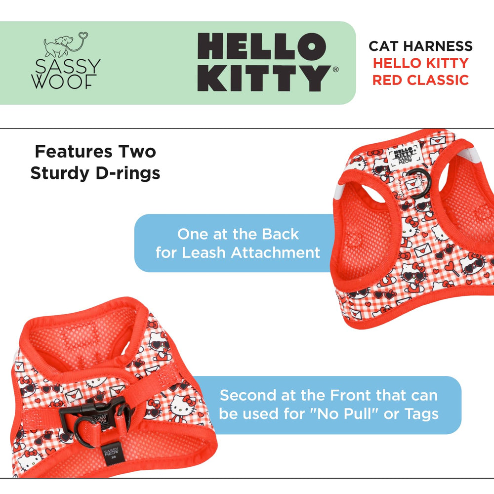 Harnais Sassy Woof Chat Hello Kitty Rouge Classic XS, dos avec deux anneaux en D