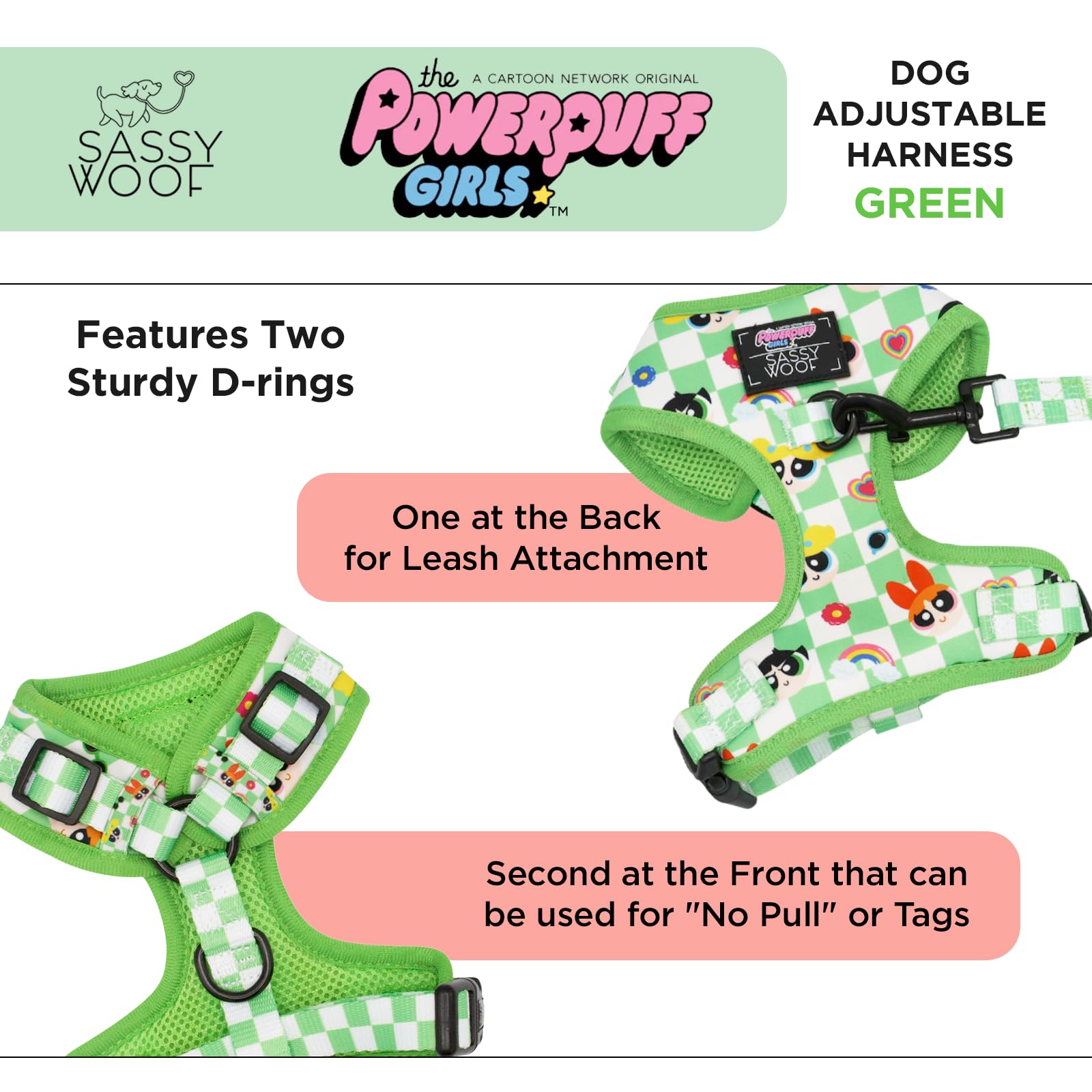Harnais Sassy Woof Powerpuff vert montrant deux anneaux en D