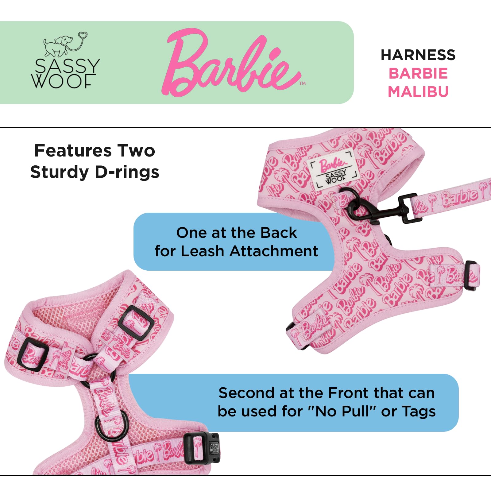Harnais Sassy Woof Barbie Malibu avant anneau D pour l'entraînement sans traction.