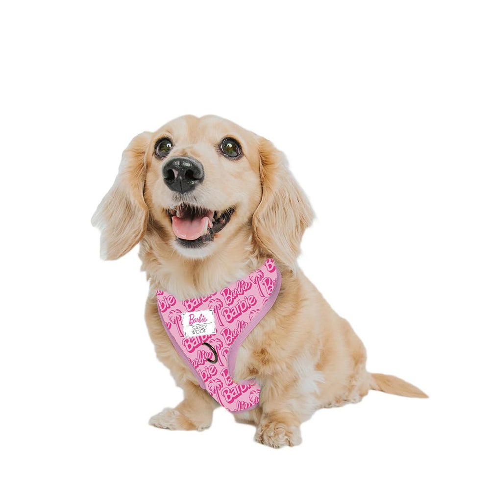 Harnais Sassy Woof Barbie Malibu dos avec deux anneaux D pour promenades sécurisées.