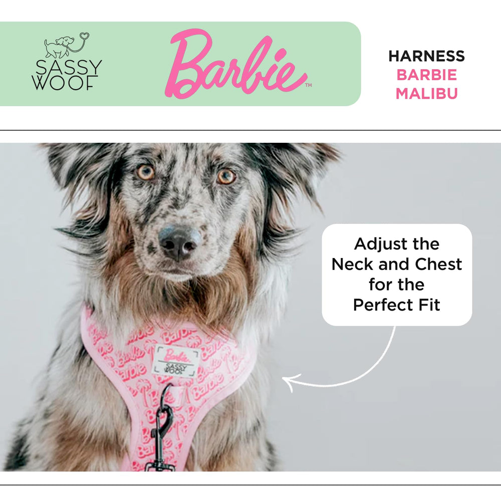 Harnais Sassy Woof Barbie Malibu néoprène imprimé, durable et confortable au quotidien.
