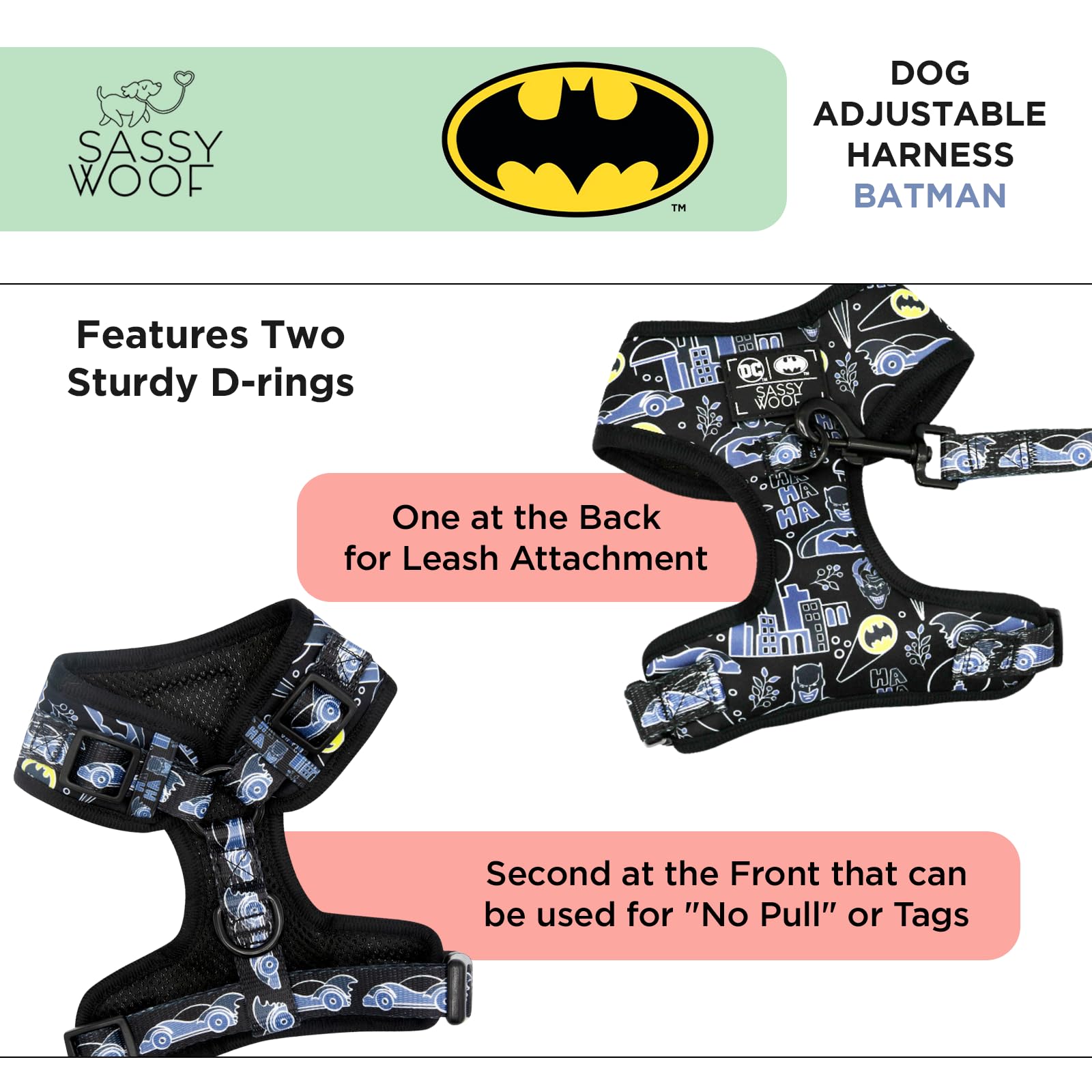 Harnais Sassy Woof Batman avec anneau avant, contrôle sans traction.